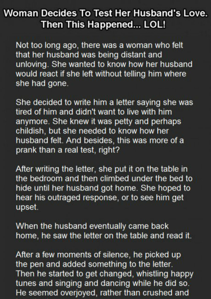 WOMAN DECIDES TO TEST HER HUSBAND’S LOVE. THEN THIS HAPPENED… LOL ...