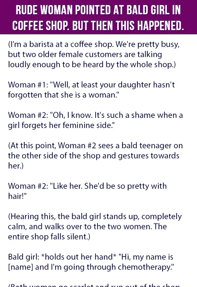 A Bald Girl In A Coffee Shop Is Approached By This Woman. Next What Happen Is Hilarious. 
