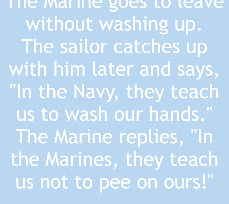 A Navy guy and a Marine in the washroom