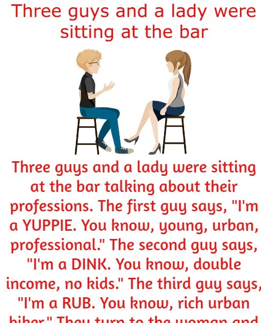 Three guys and a lady were sitting at the bar