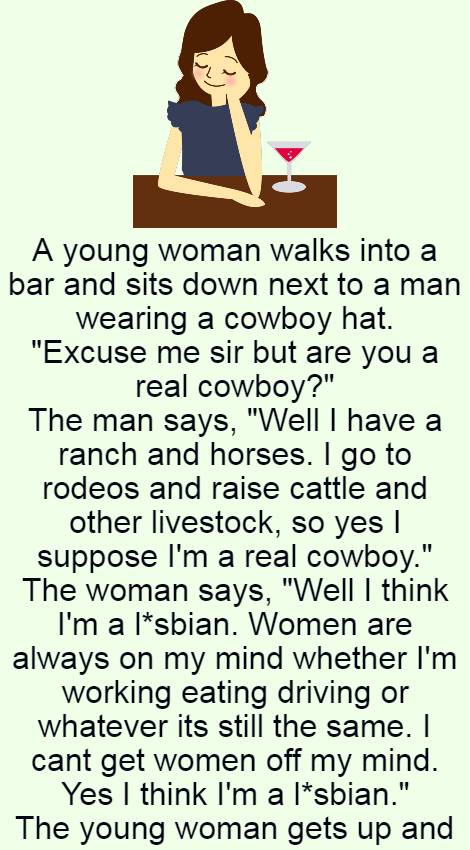 A young woman walks into a bar