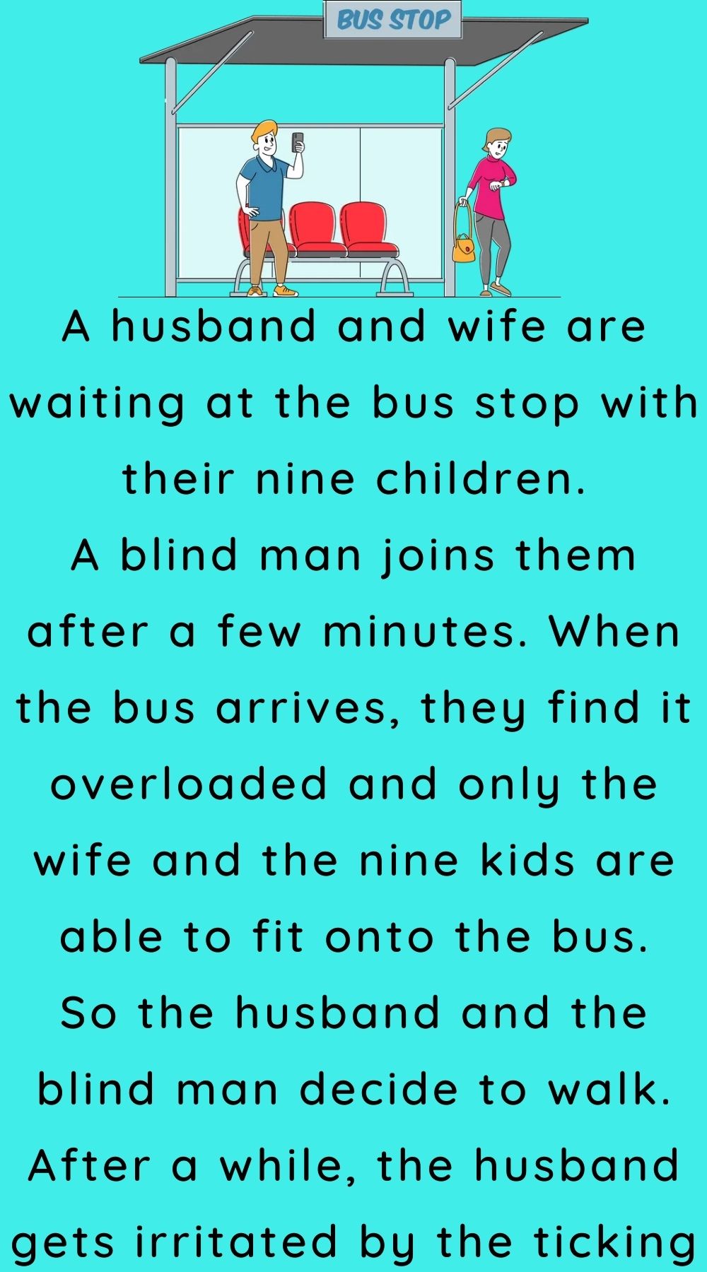 A husband and wife are waiting at the bus stop