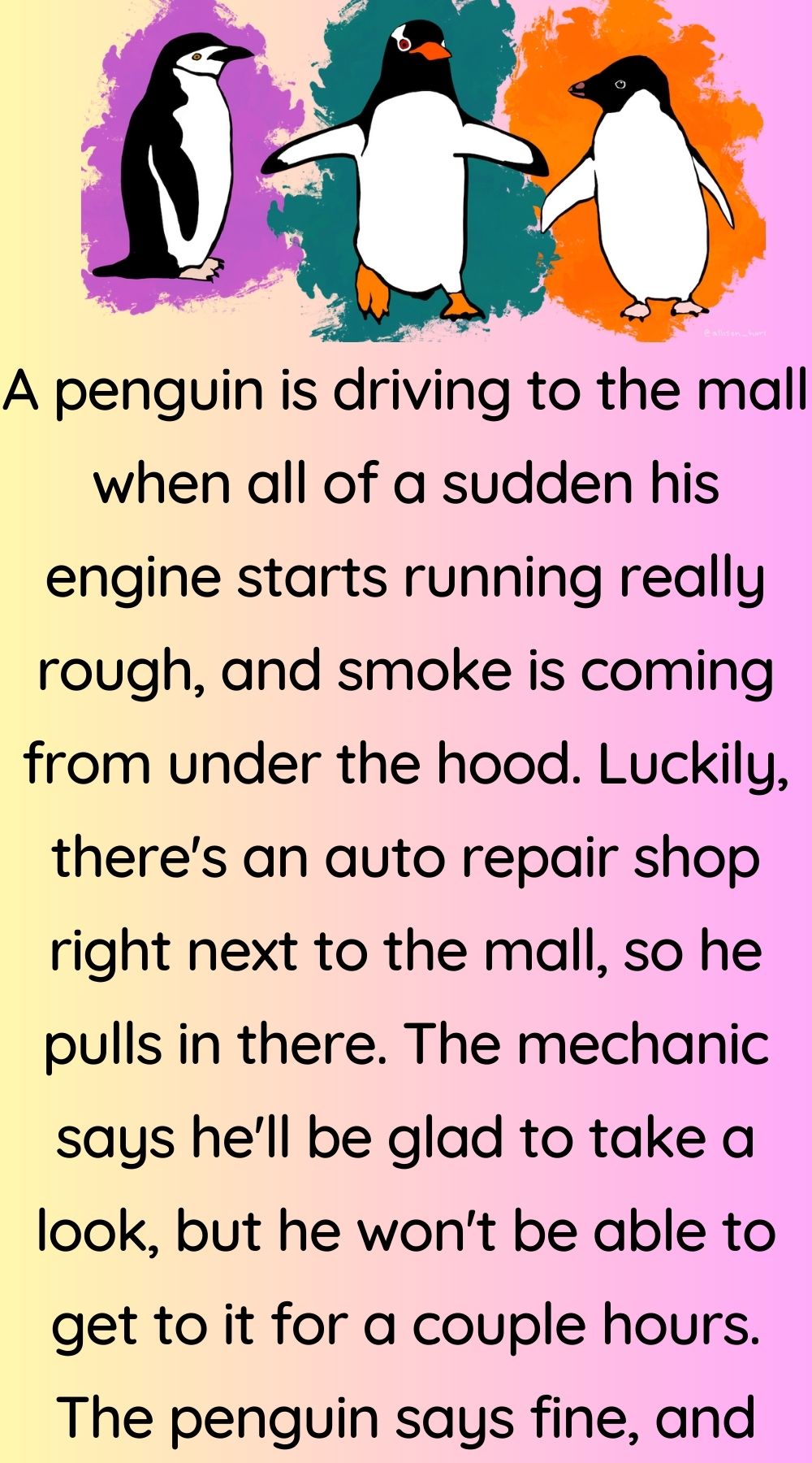 A penguin is driving to the mall