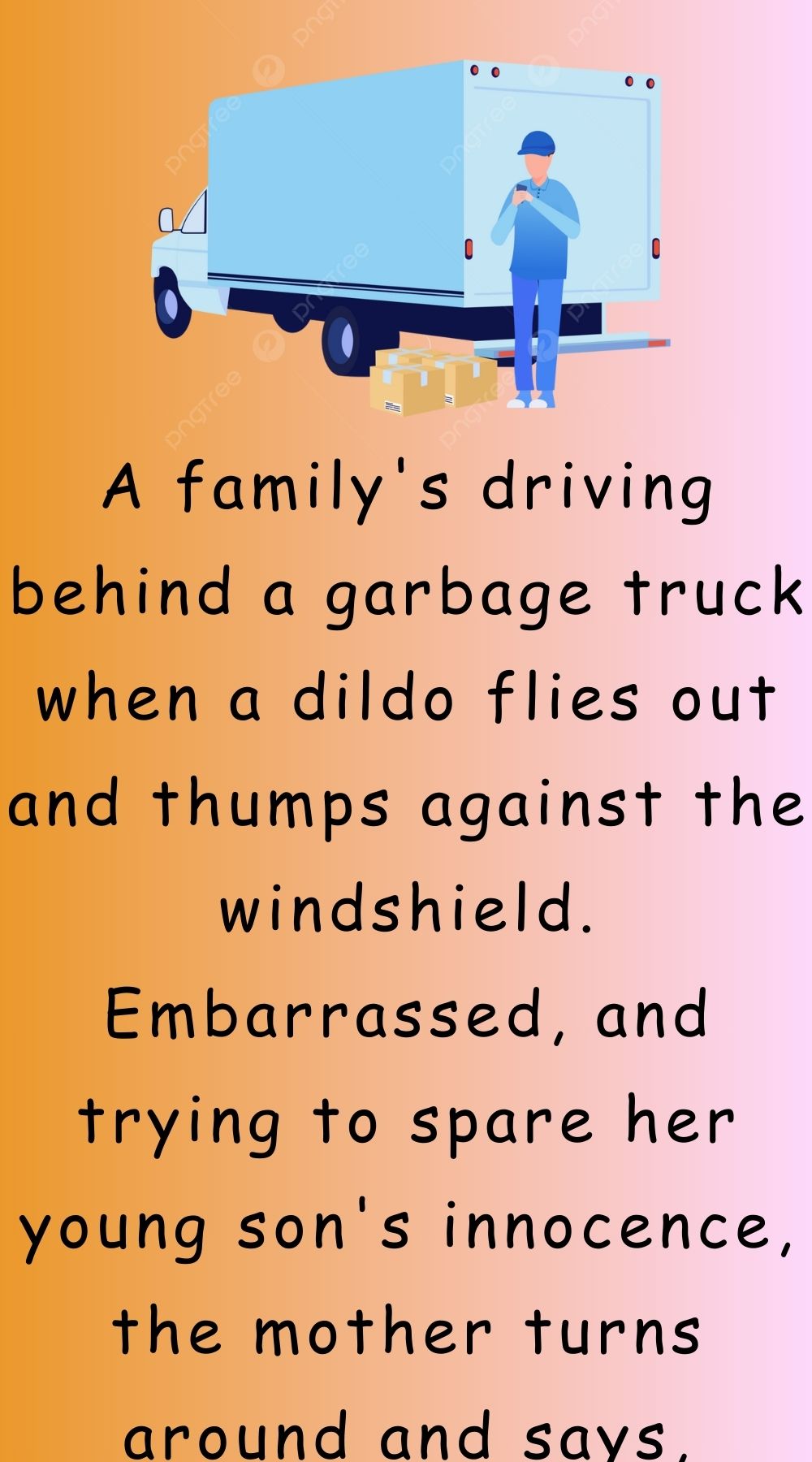 A familys driving behind a garbage truck