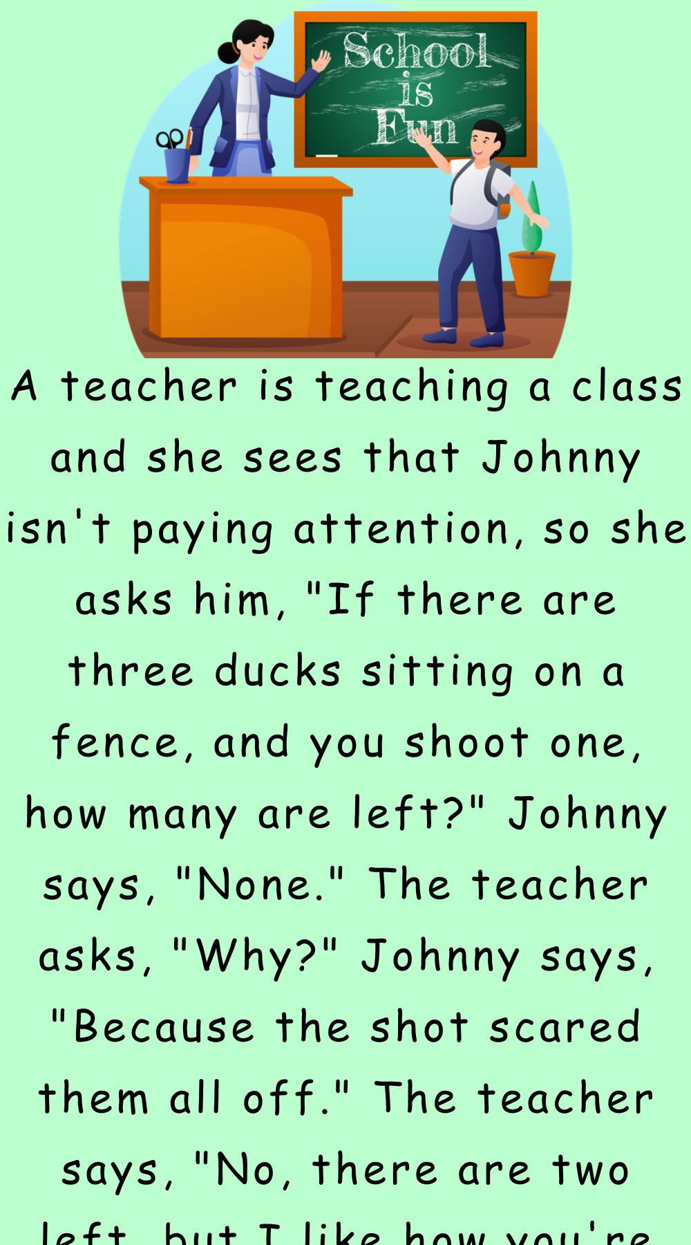 A teacher is teaching a class and she sees that Johnny