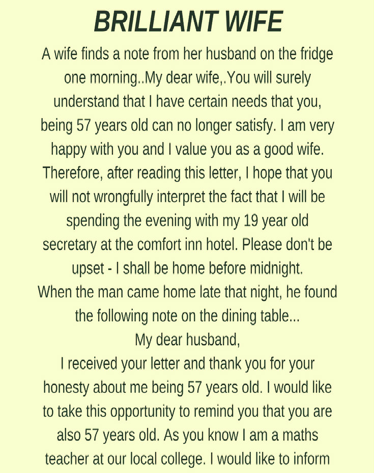 BRILLIANT WIFE!! (FUNNY STORY)